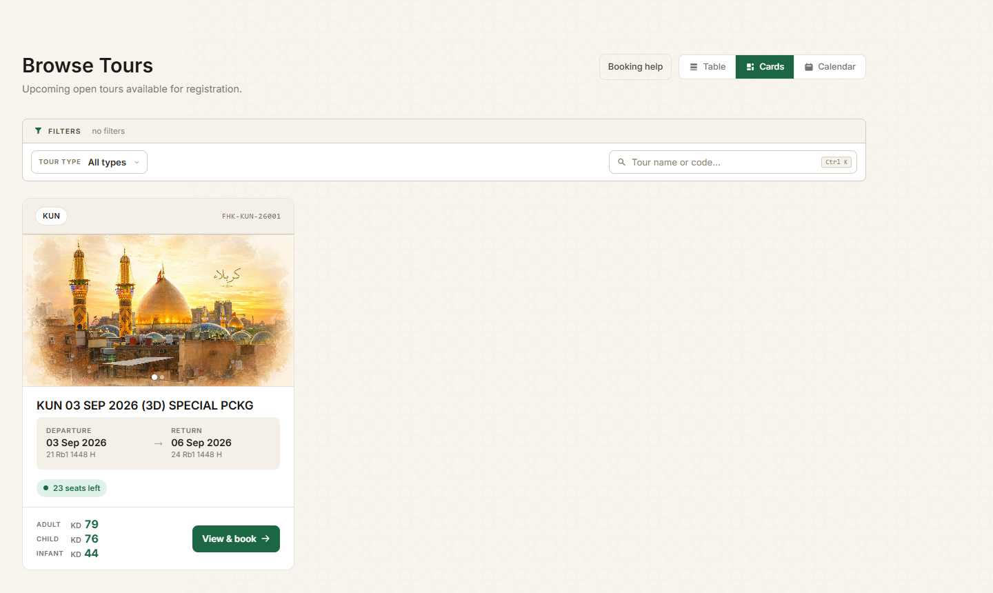 Available tours in the member portal