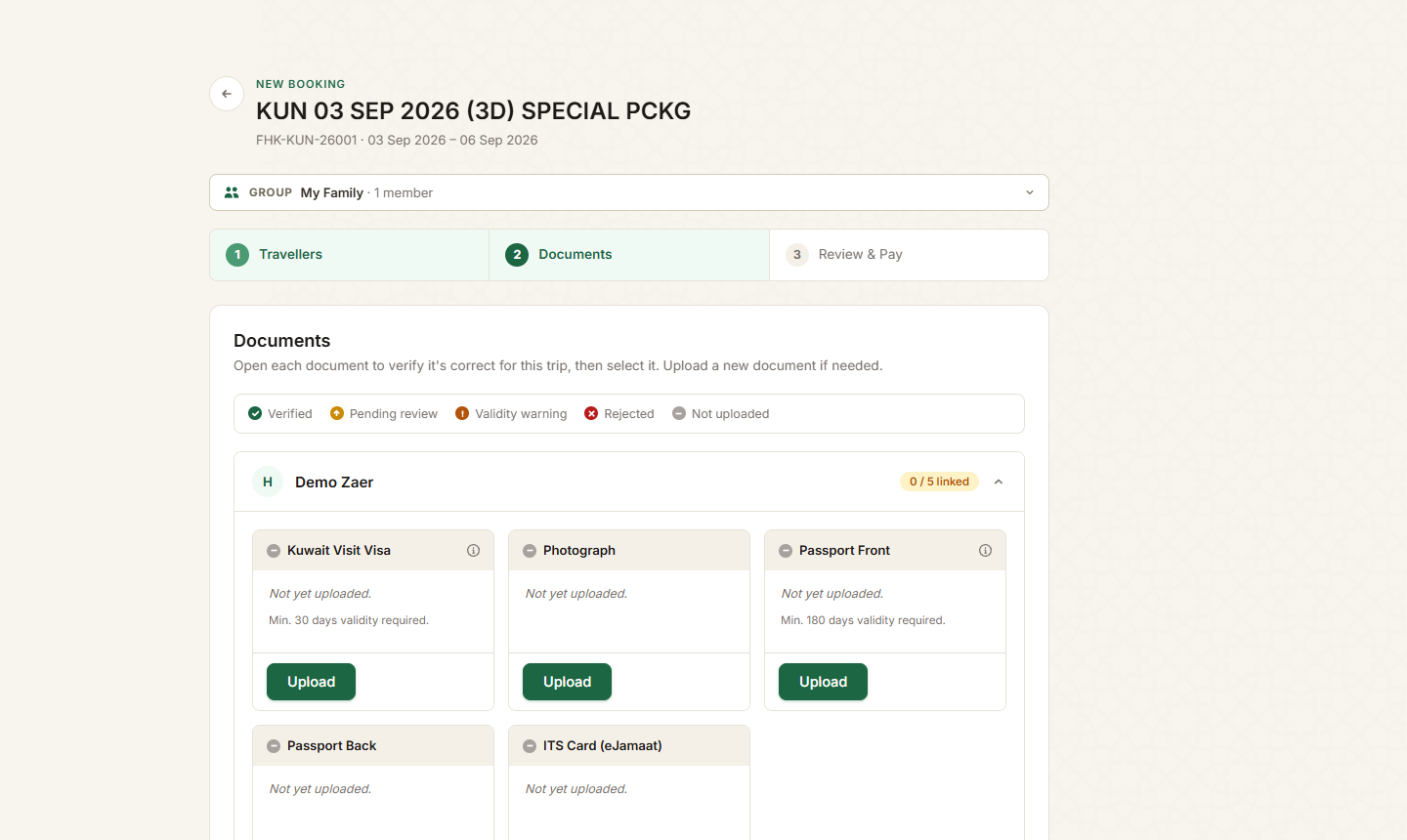 Booking wizard document checklist