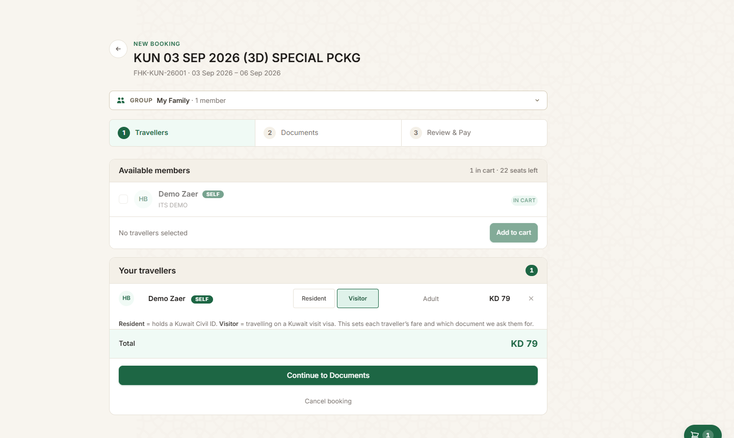 Booking wizard traveller selection