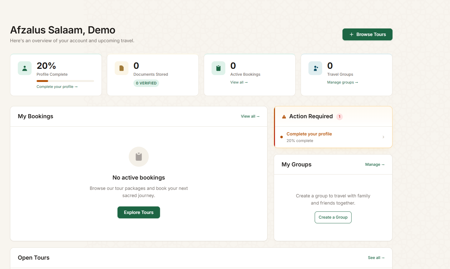 Portal dashboard showing bookings and action items