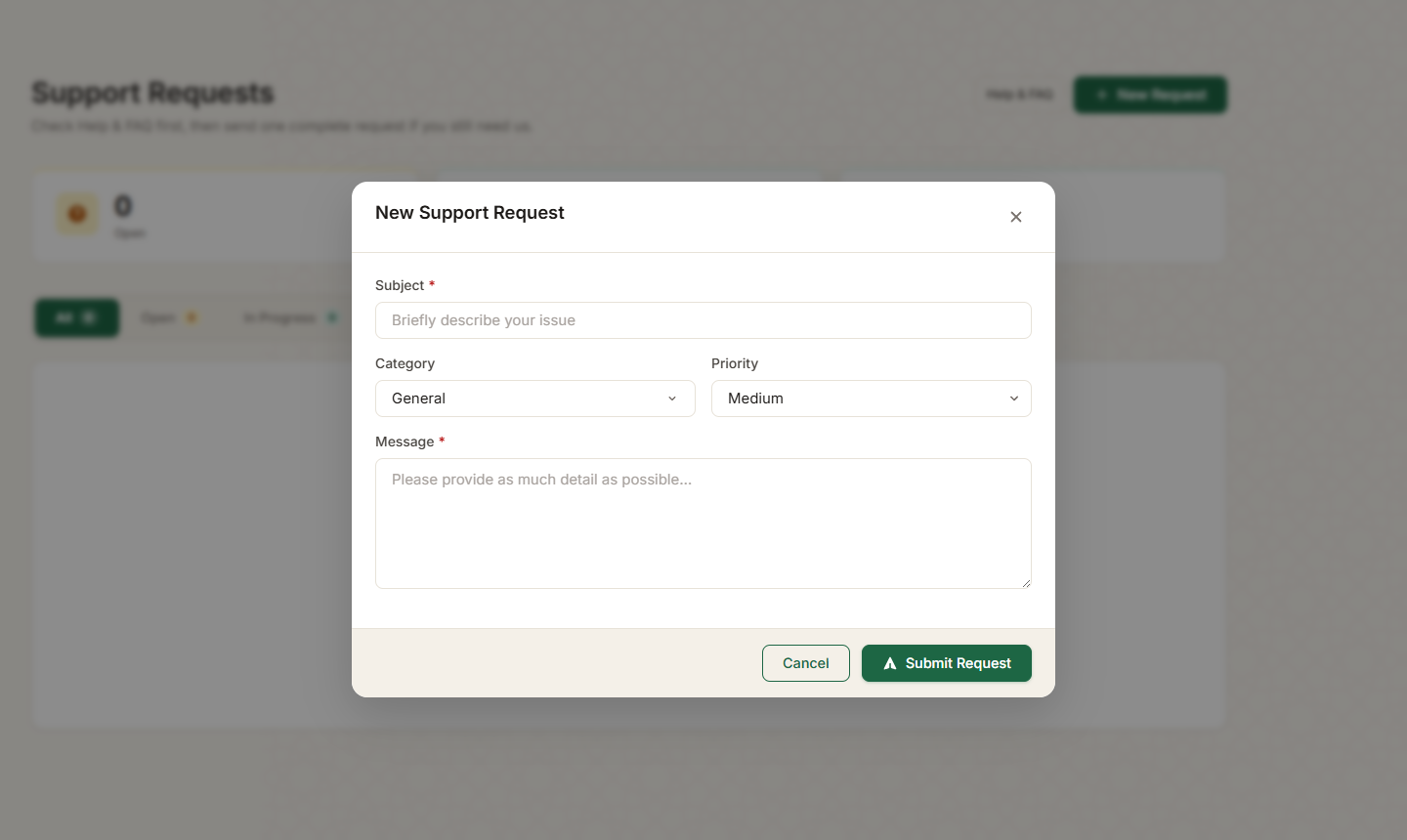 New support request form